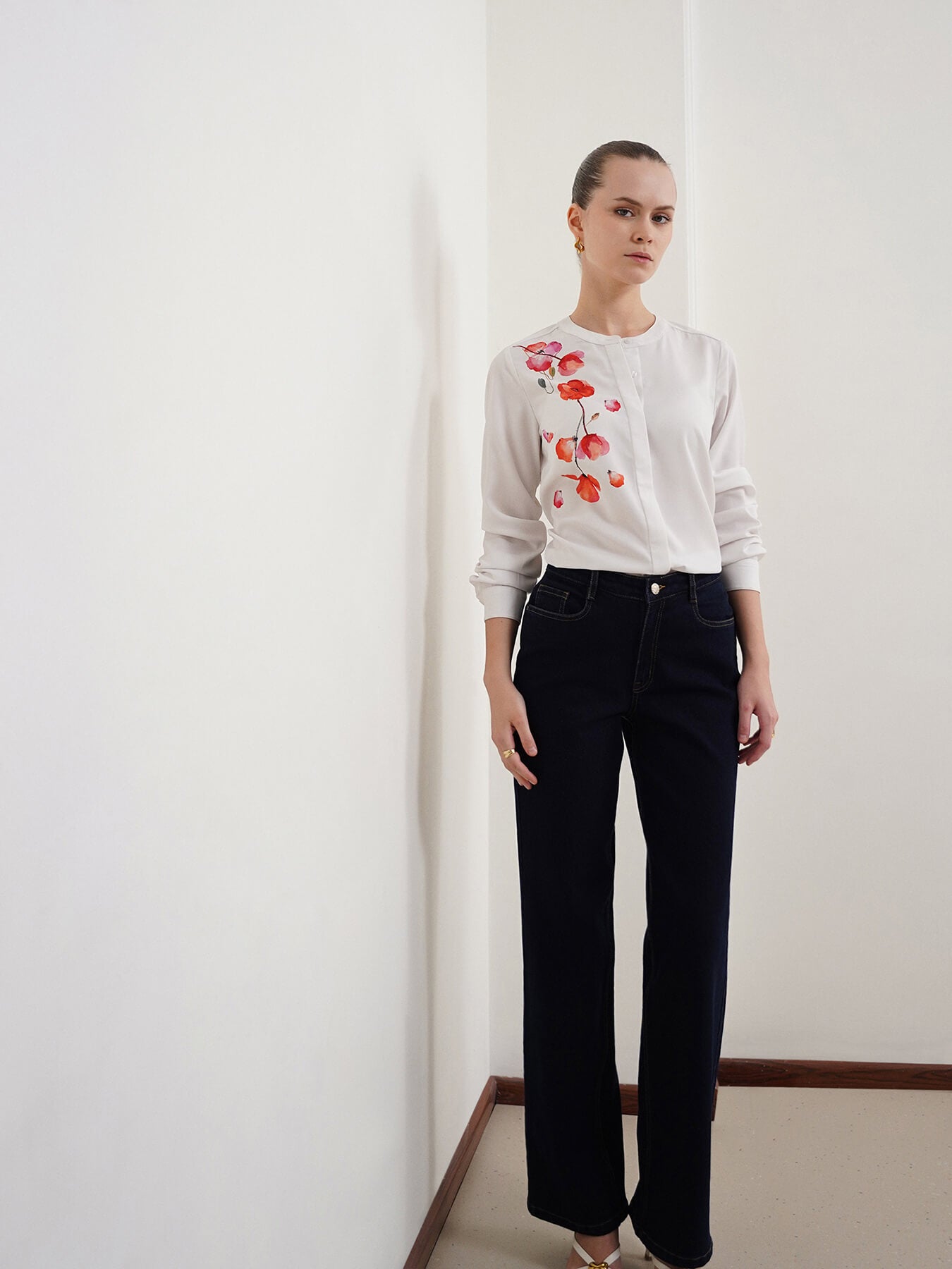 Floral Mandarin Collar Shirt - Off White