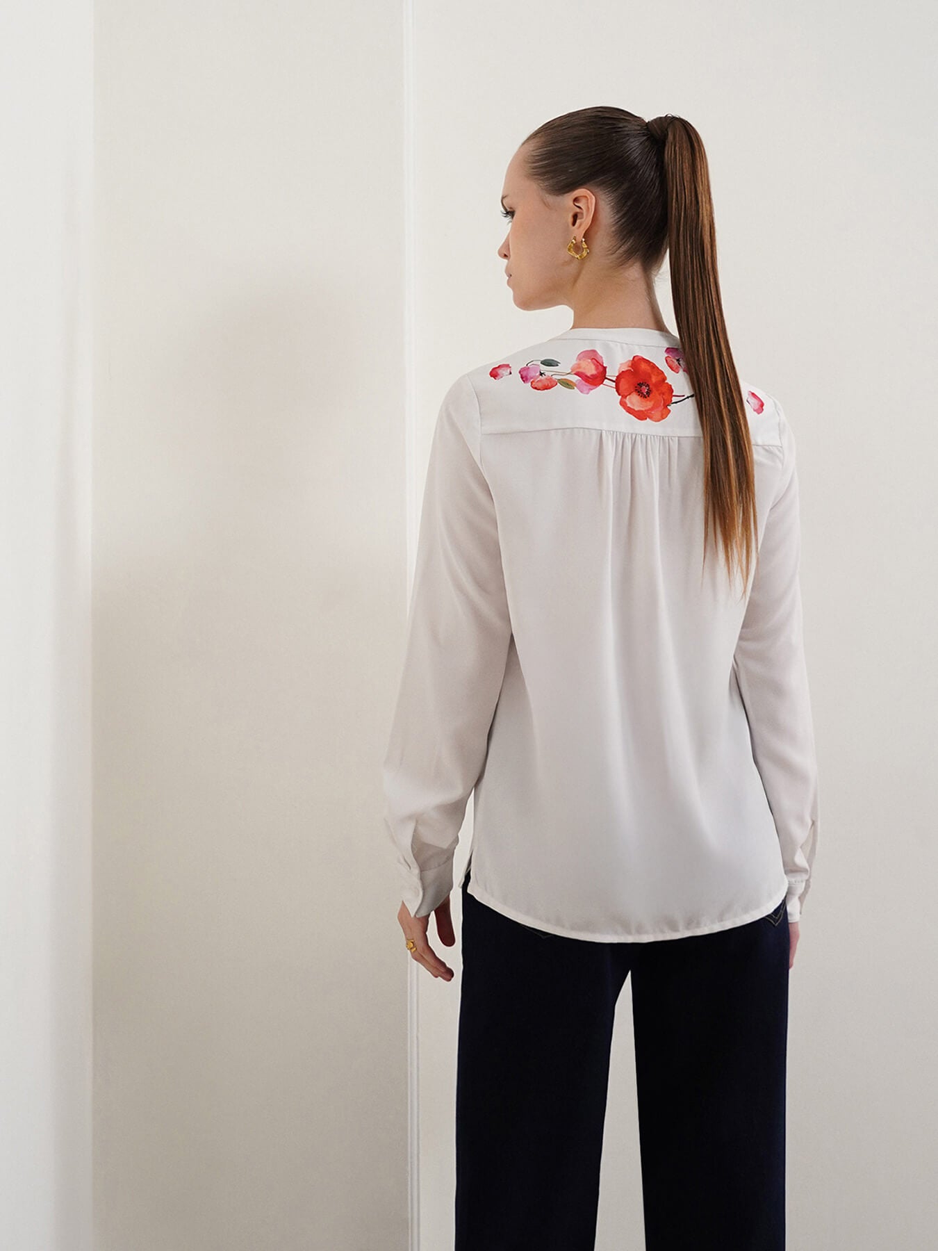 Floral Mandarin Collar Shirt - Off White