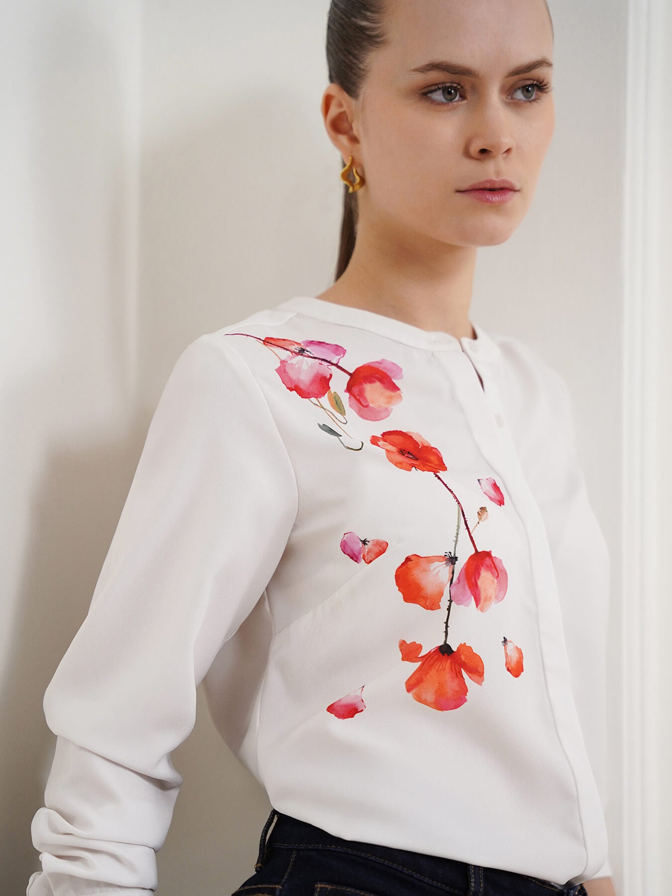 Floral Mandarin Collar Shirt - Off White