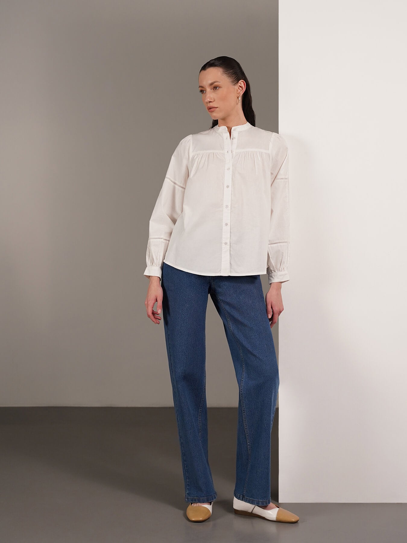 Pure Cotton Mandarin Collar Shirt - White