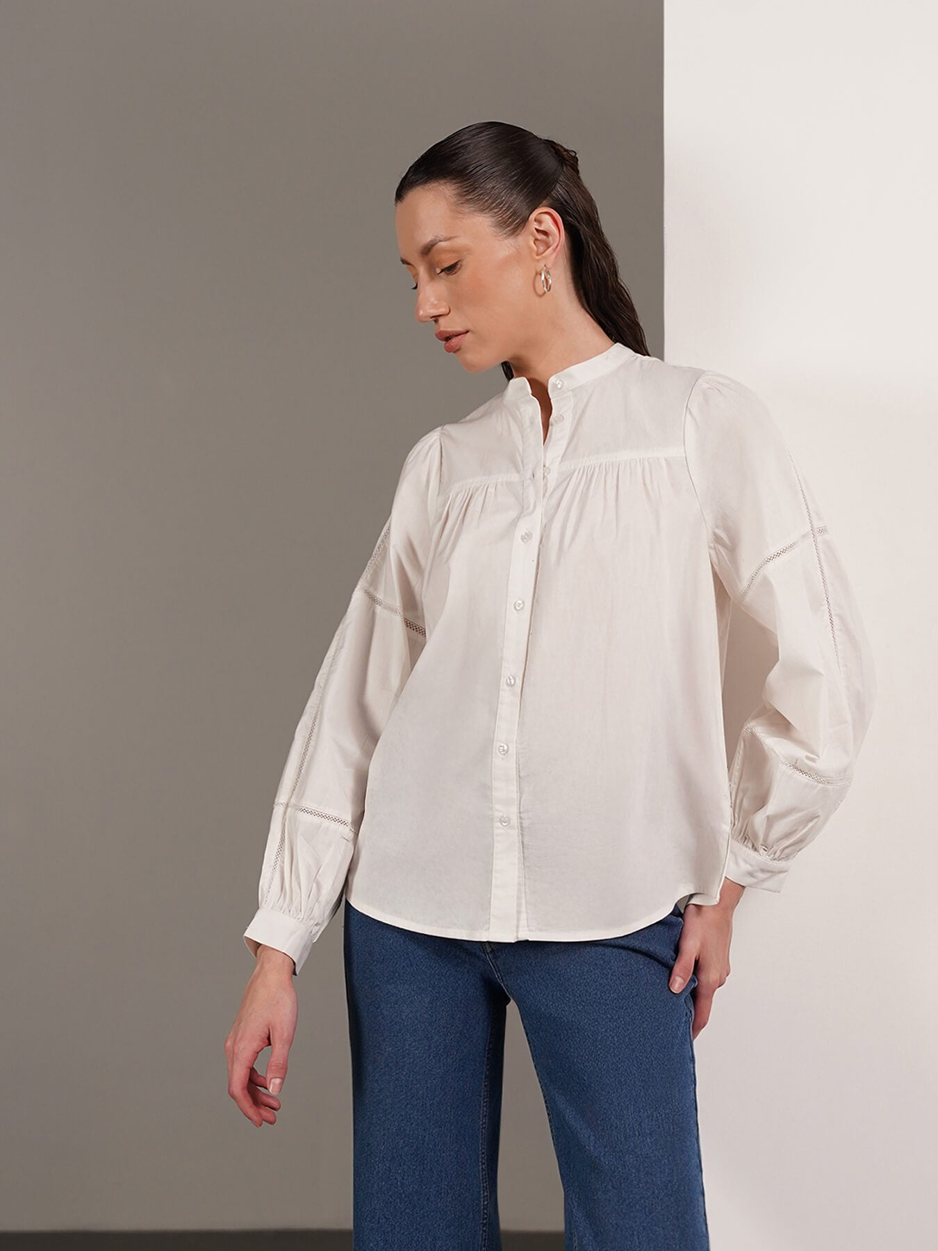Pure Cotton Mandarin Collar Shirt - White
