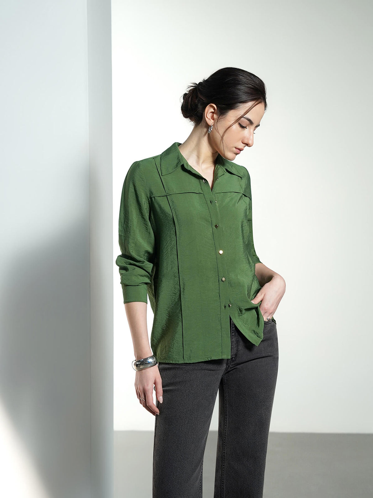 Pintuck Detail Shirt - Green