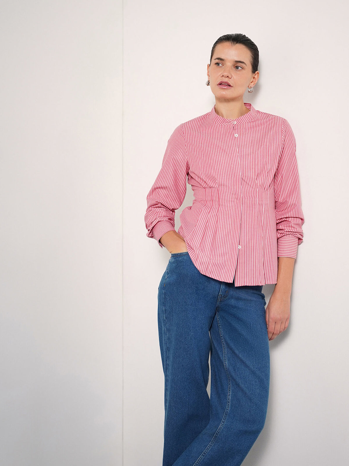 Striped Mandarin Collar Shirt - Pink
