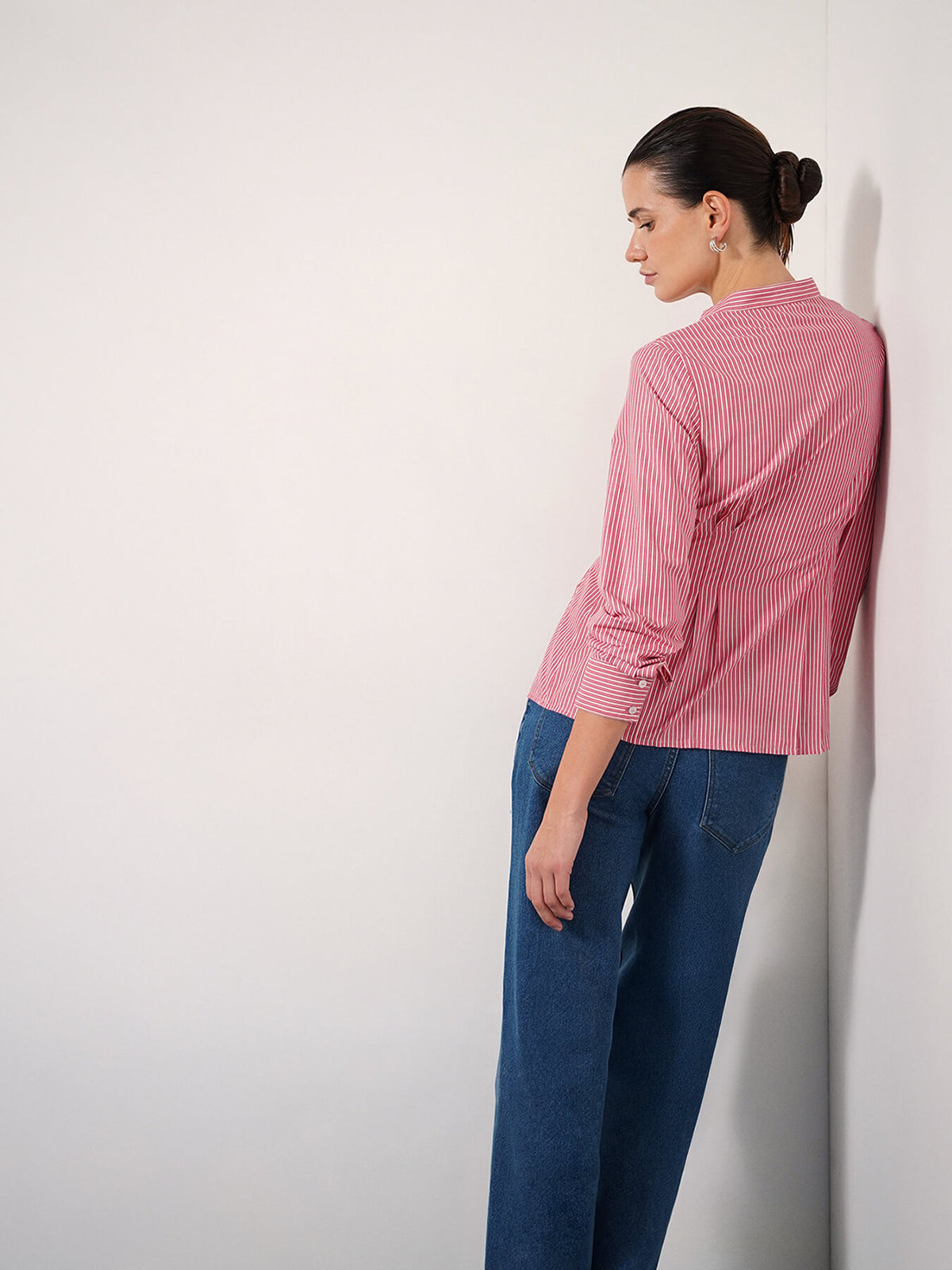 Striped Mandarin Collar Shirt - Pink