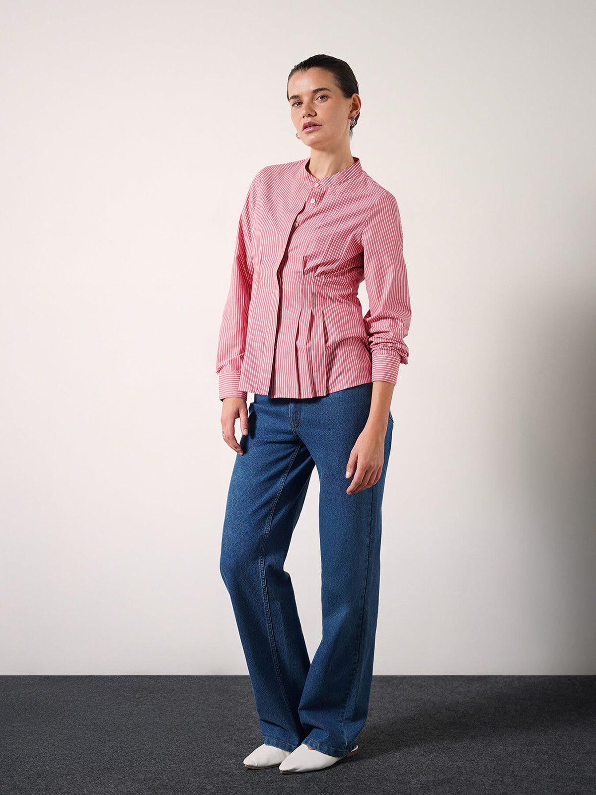Striped Mandarin Collar Shirt - Pink