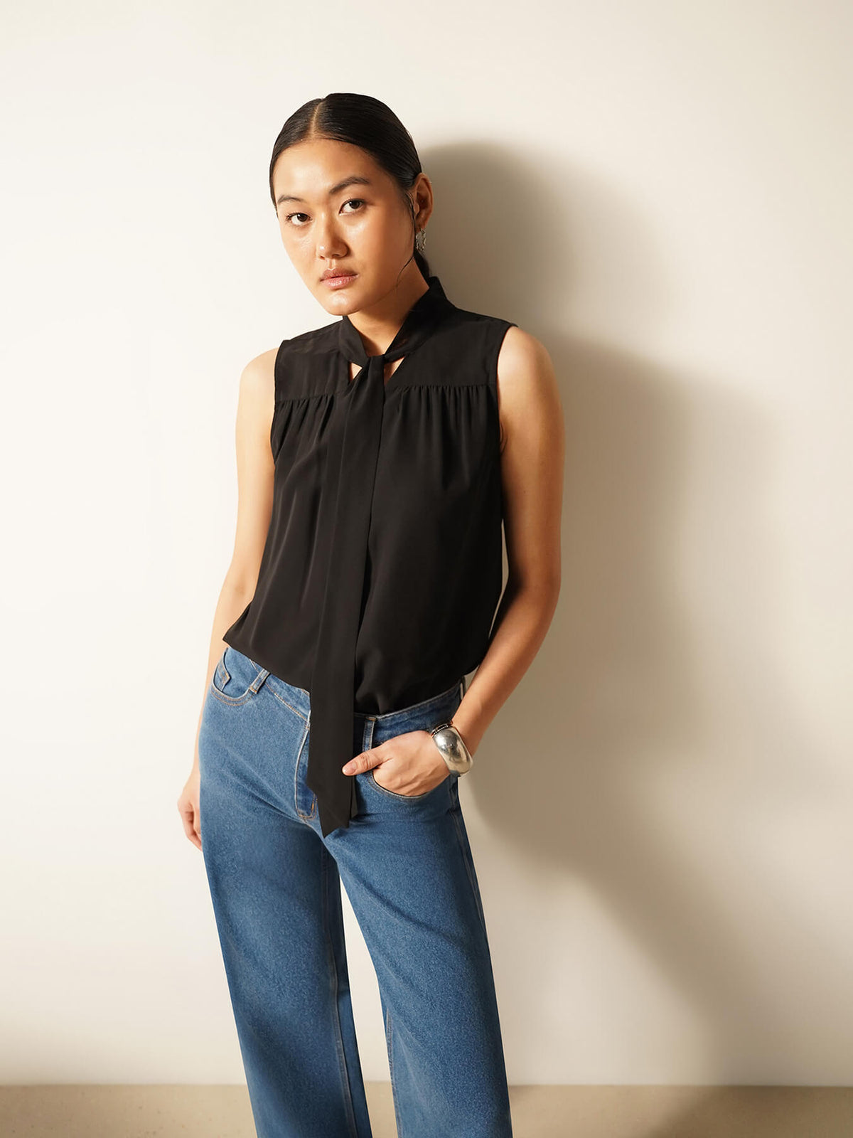 Tie-up V-Neck Shirt - Black