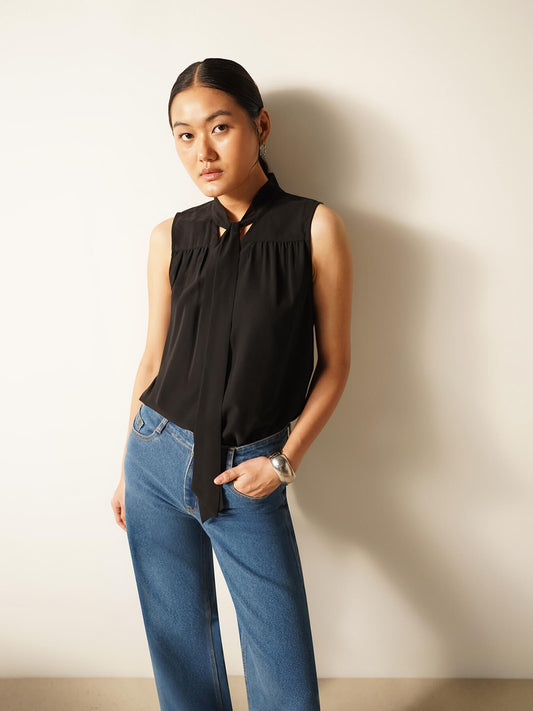 Tie-up V-Neck Shirt - Black