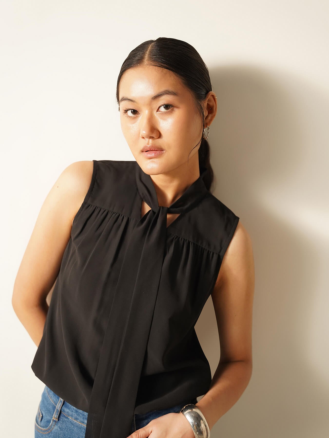 Tie-up V-Neck Shirt - Black