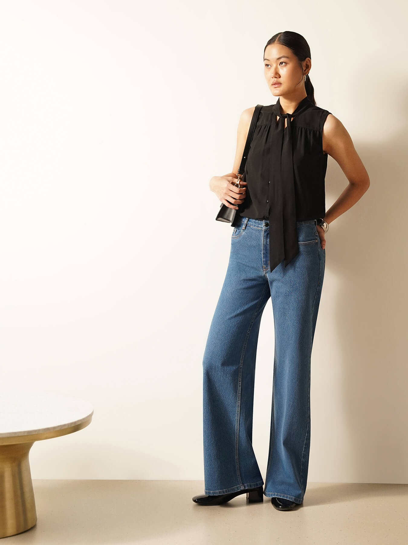 Tie-up V-Neck Shirt - Black