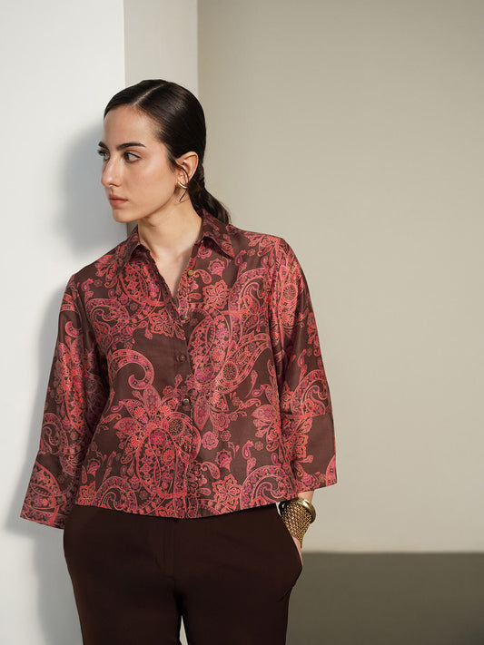 Printed V-neck Shirt - Brown