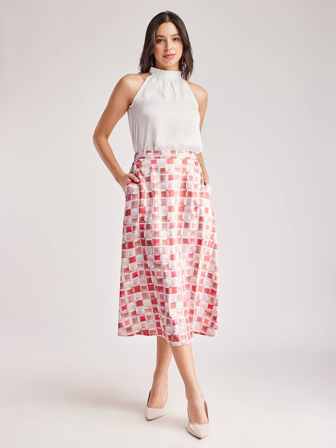 Geometric Print A-Line Skirt - Pink