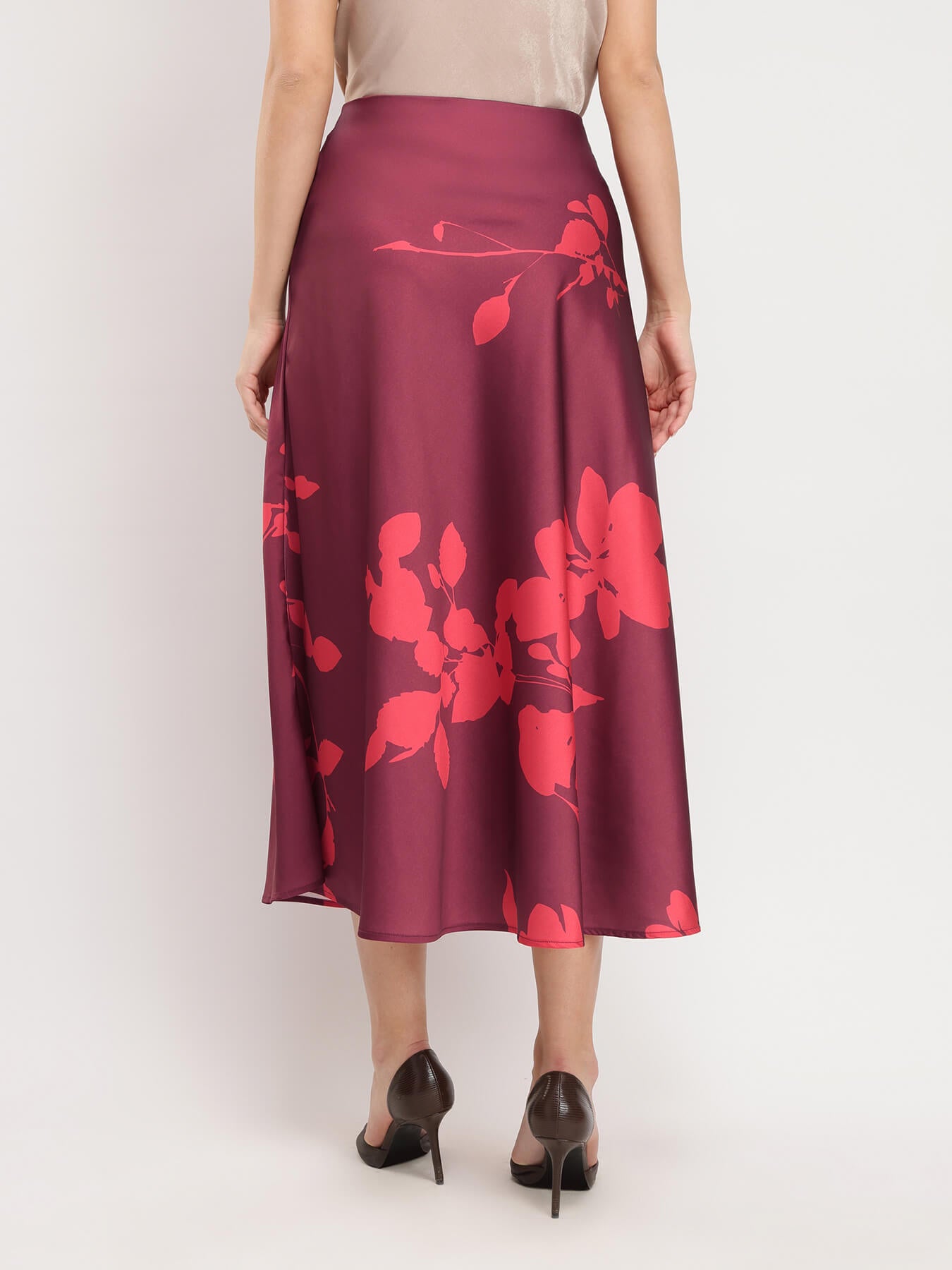 Stretchable Satin A-line Skirt - Maroon