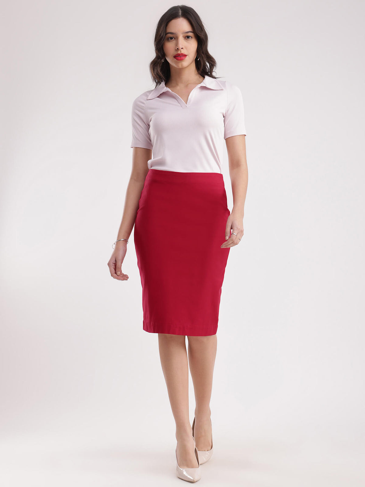 Cotton Stretchable Pencil Skirt - Red