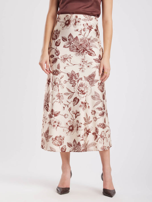 Satin Floral Skirt - Beige And Brown