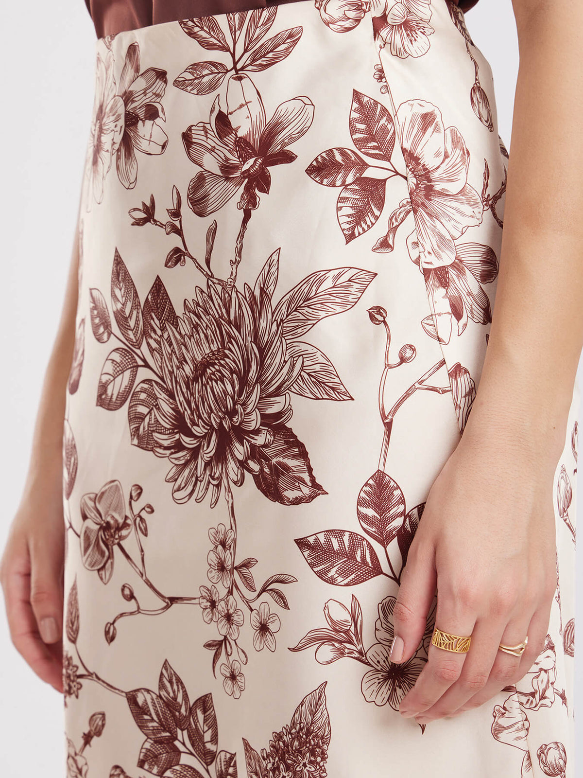 Satin Floral Skirt - Beige And Brown