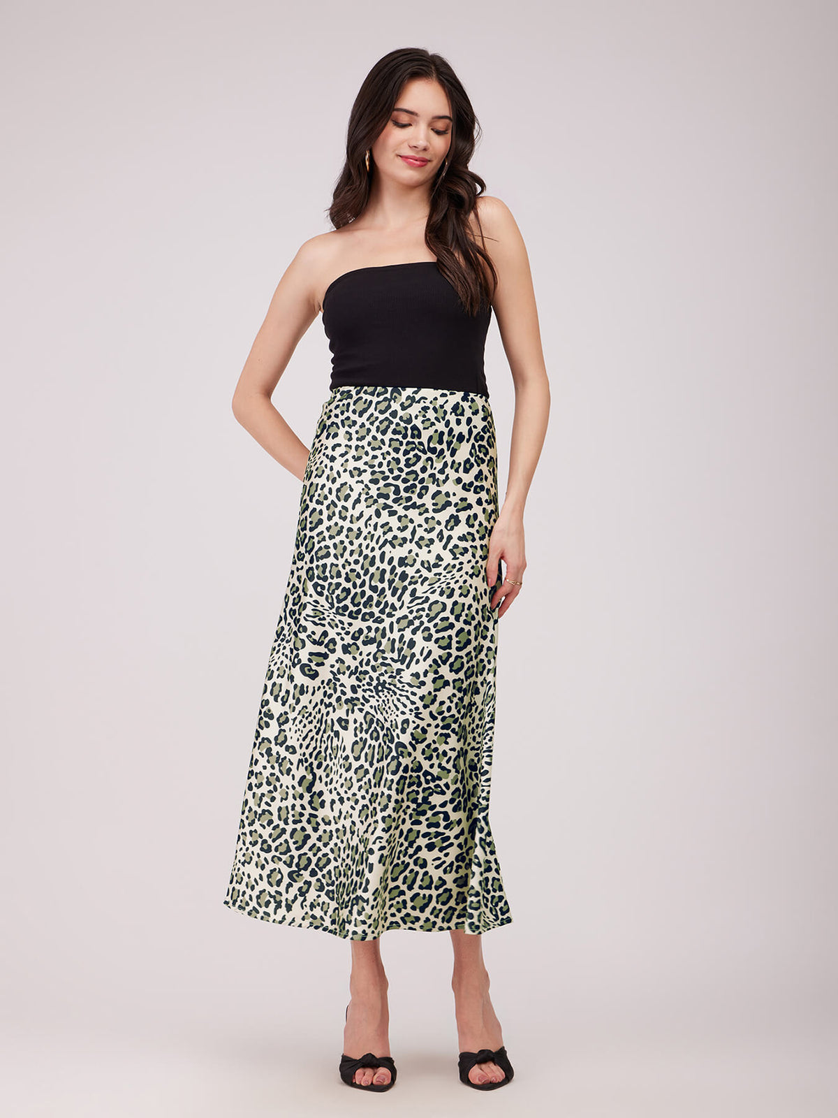 Stretch Satin Animal Print Skirt - Beige And Olive