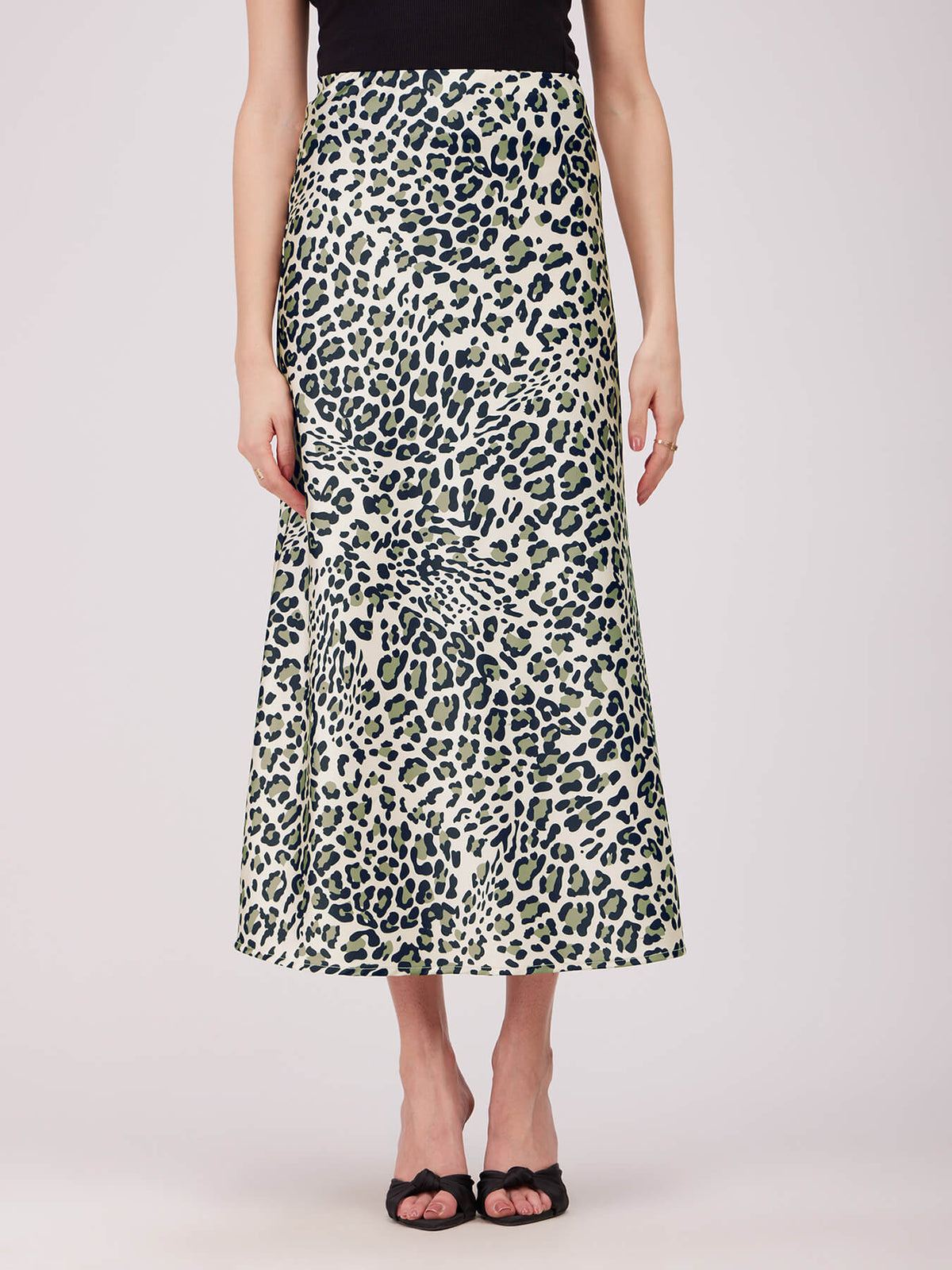 Stretch Satin Animal Print Skirt - Beige And Olive