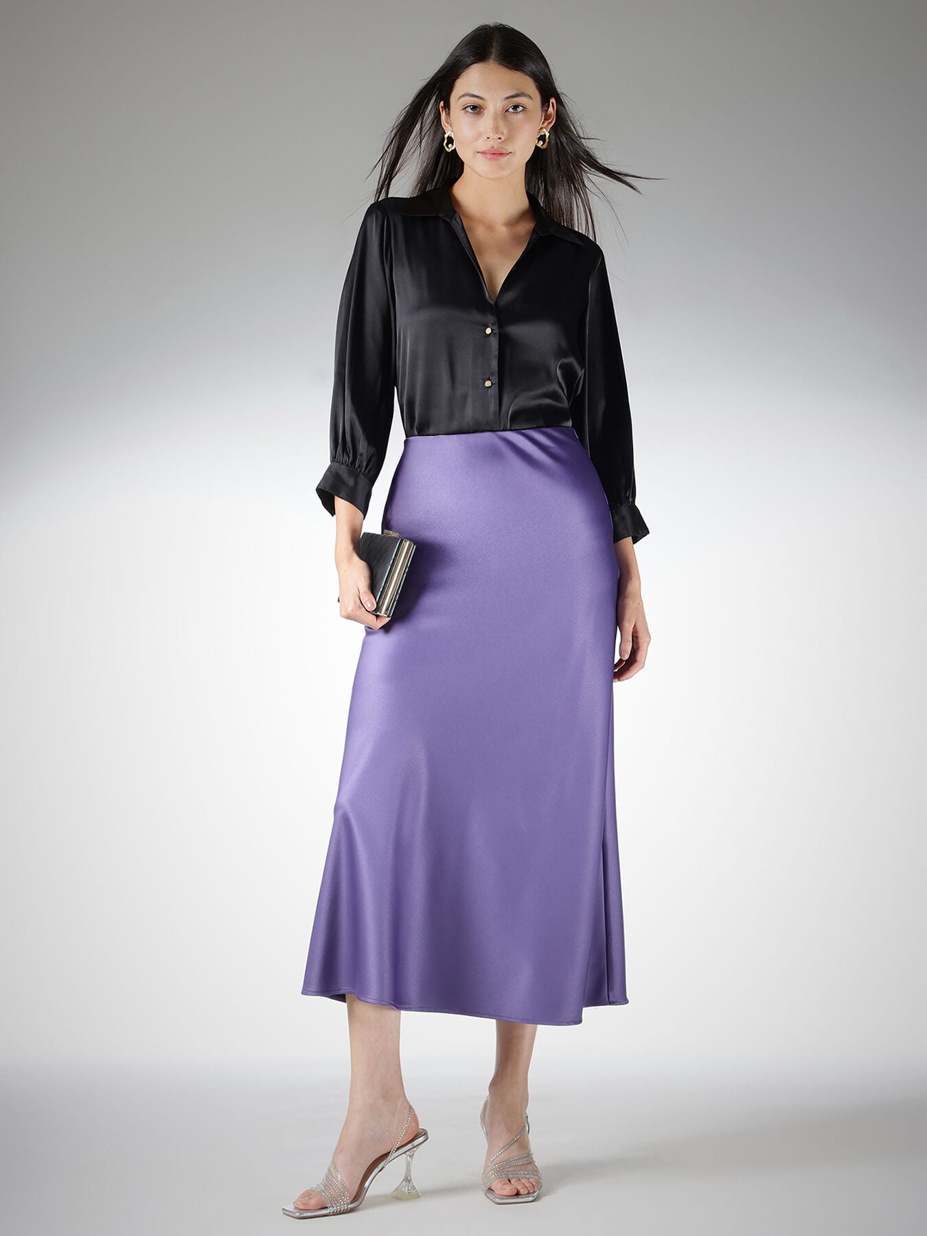 Satin A-Line Midi Skirt - Purple