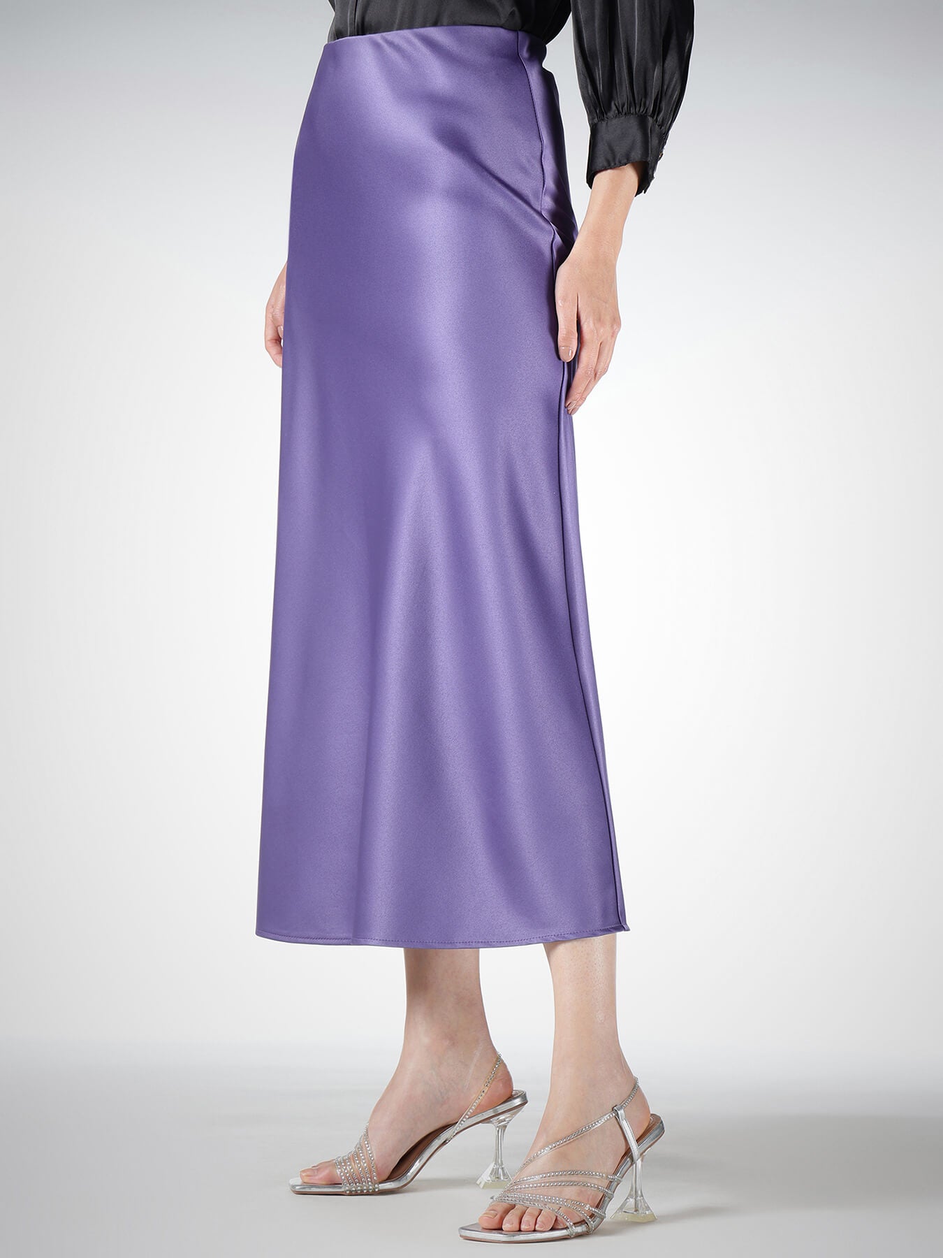 Satin A-Line Midi Skirt - Purple