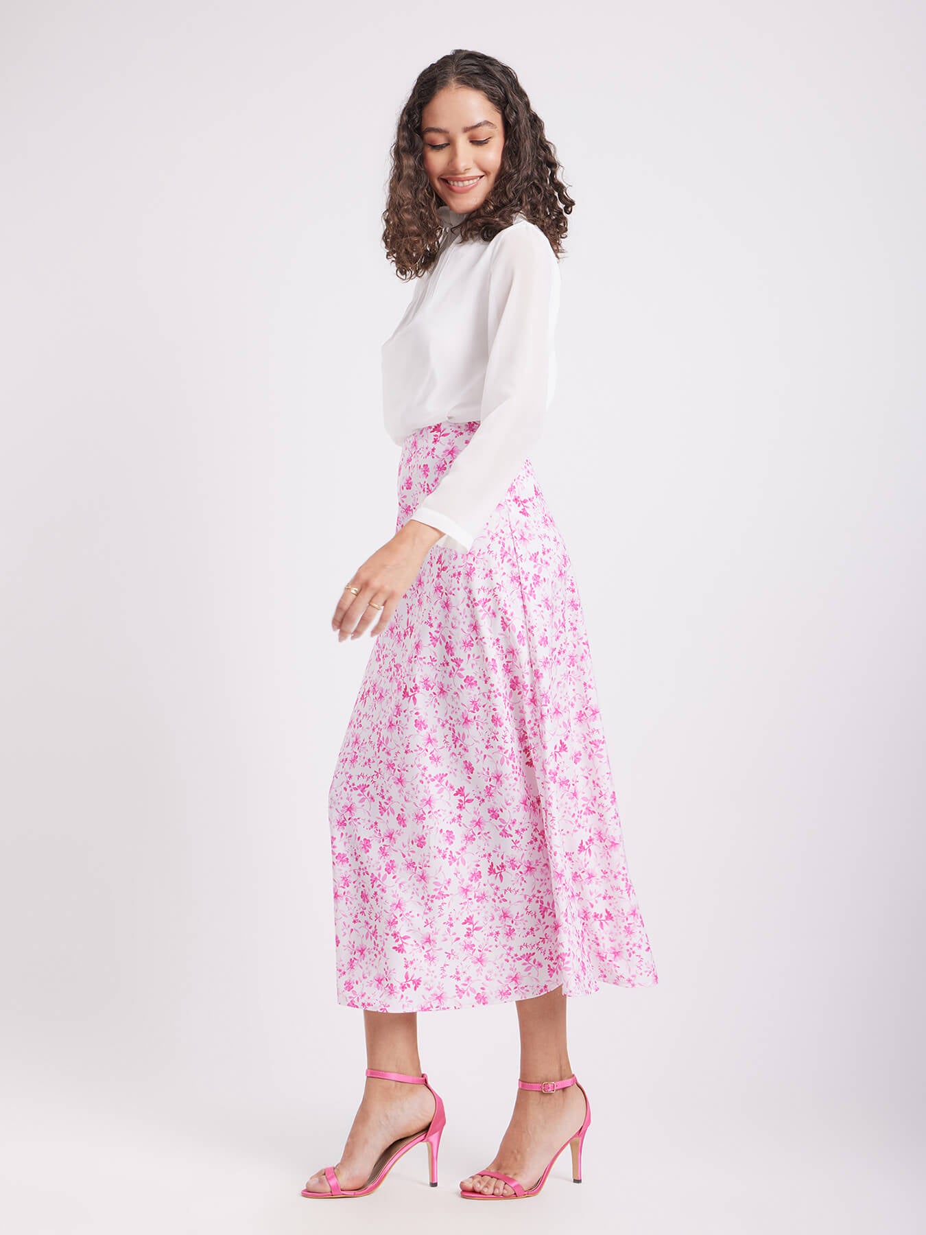 Floral A-Line Skirt - Pink And White