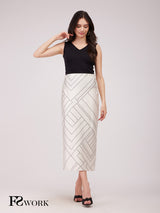 Stretch Satin A-line Skirt - Off White And Black