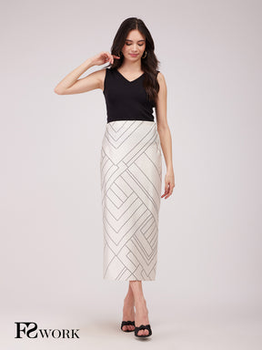 Stretch Satin A-line Skirt - Off White And Black