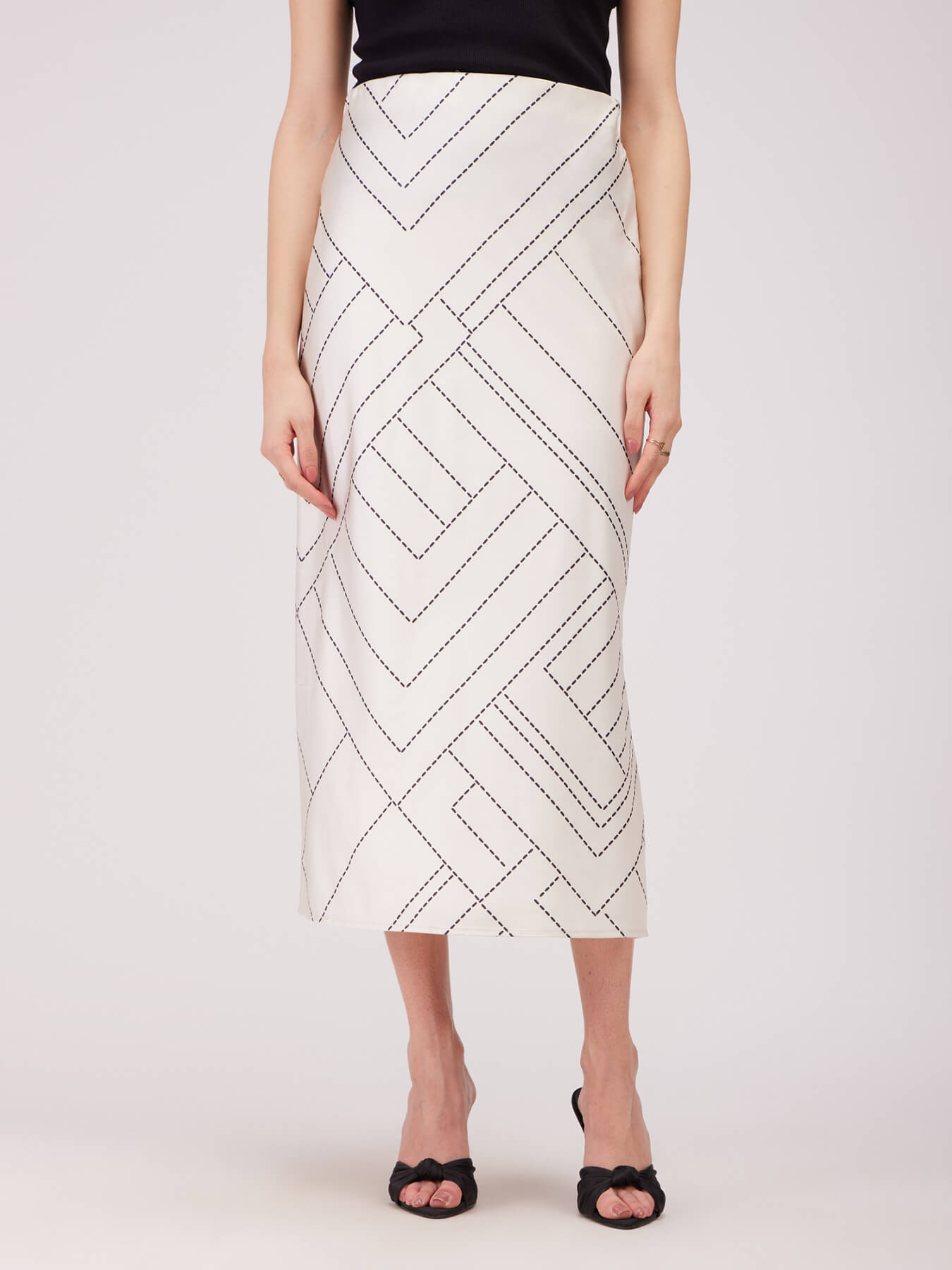 Stretch Satin A-line Skirt - Off White And Black
