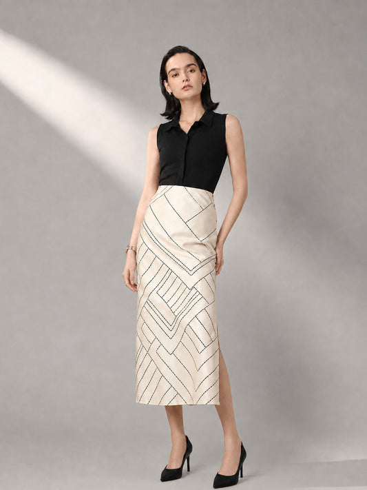 Stretch Satin A-line Skirt - Off White And Black