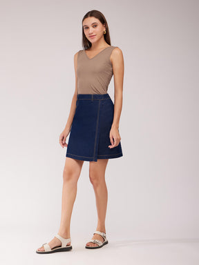 Overlap Panel Denim Skort - Navy Blue