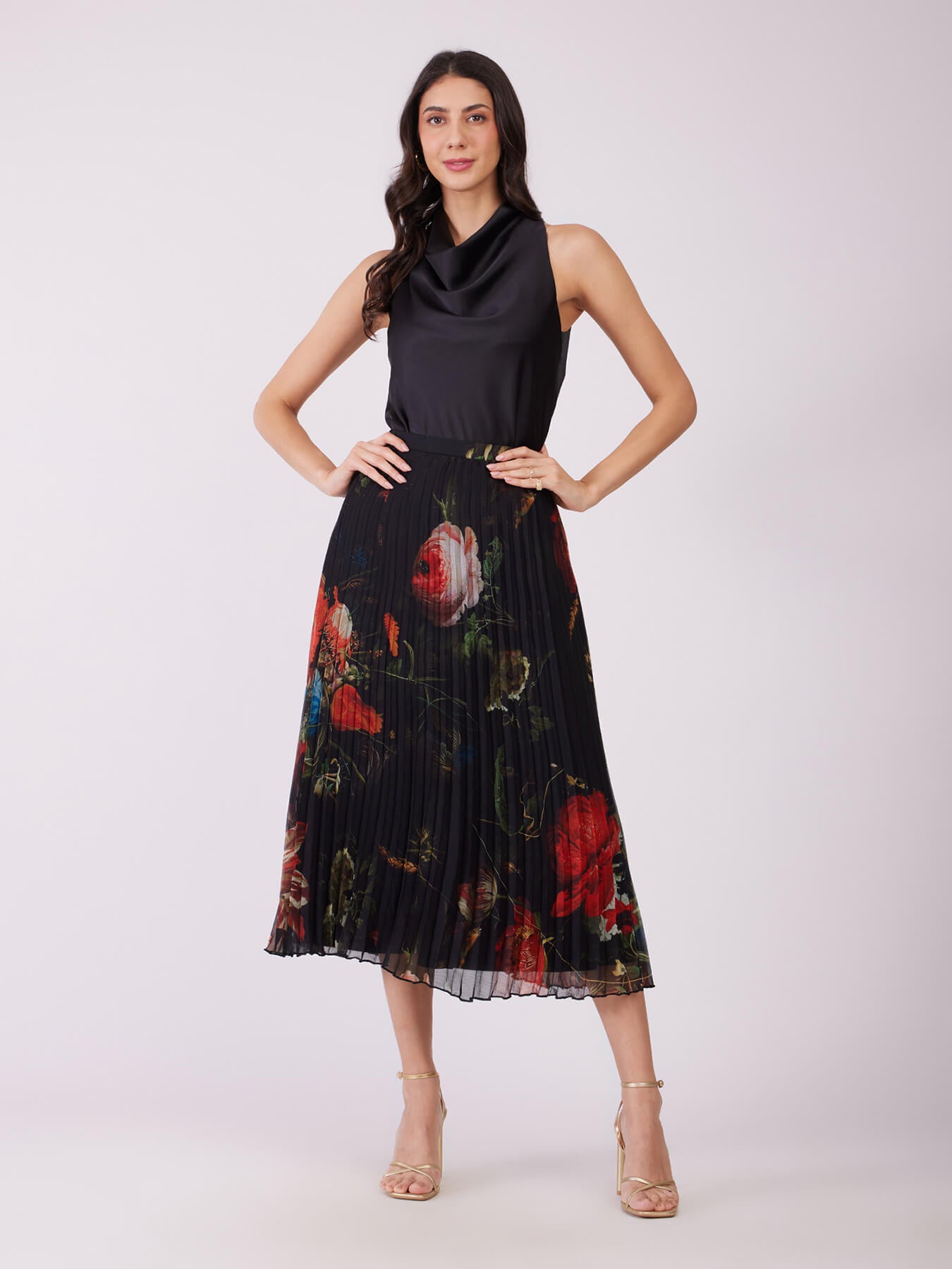 Chiffon Pleated Floral Skirt - Black And Red