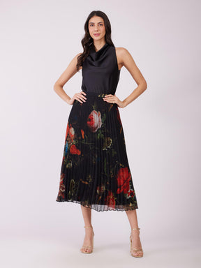 Chiffon Pleated Floral Skirt - Black And Red