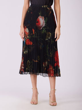 Chiffon Pleated Floral Skirt - Black And Red