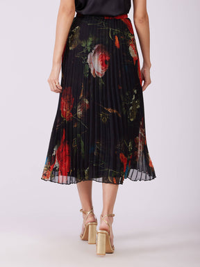 Chiffon Pleated Floral Skirt - Black And Red