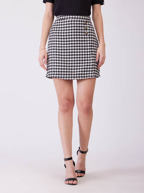 Tweed Front Slit Mini Skirt - Black And White