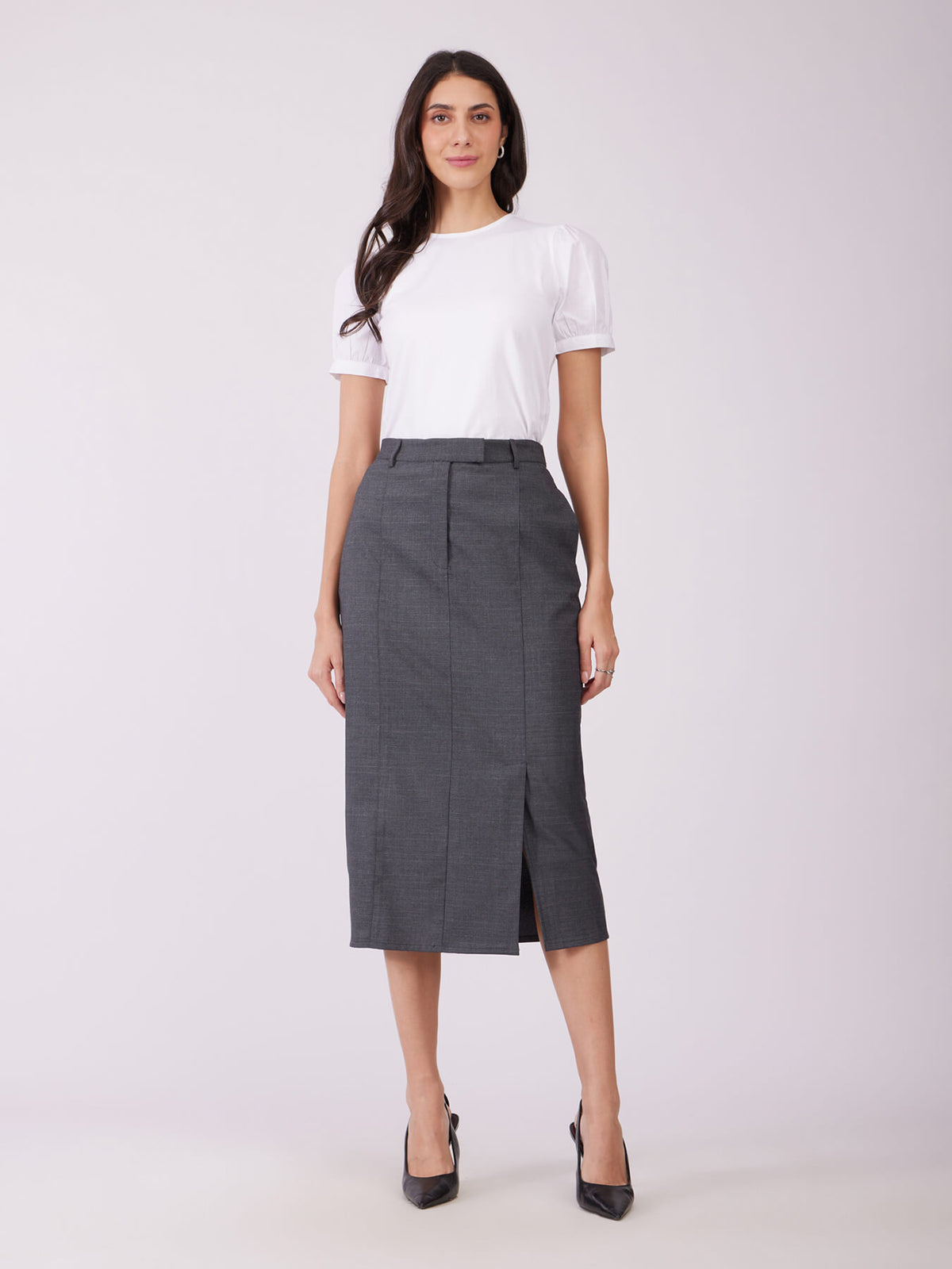 Front Slit Midi Skirt - Grey