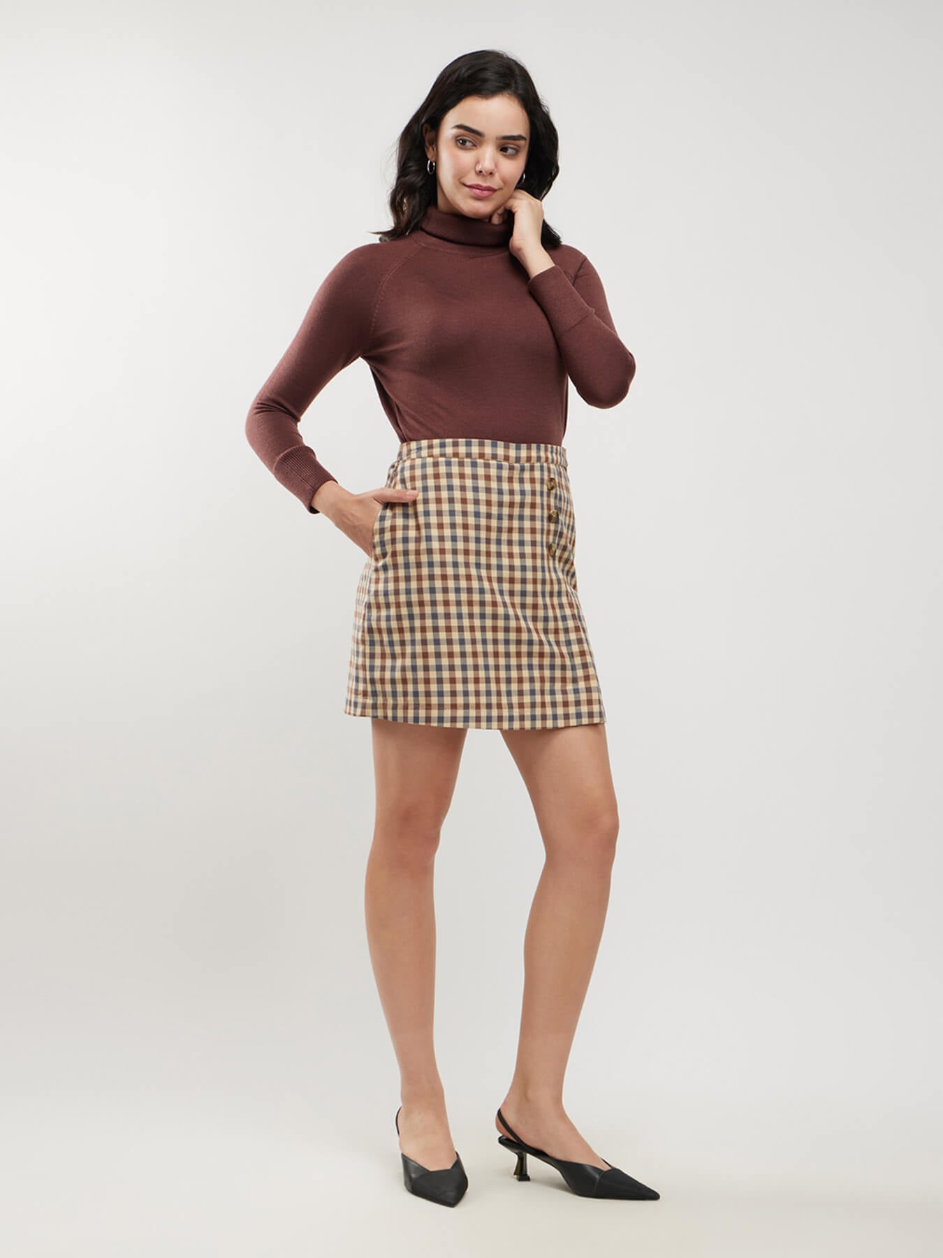 Cotton Checkered Mini Skort - Brown
