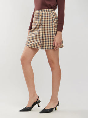 Cotton Checkered Mini Skirt - Brown