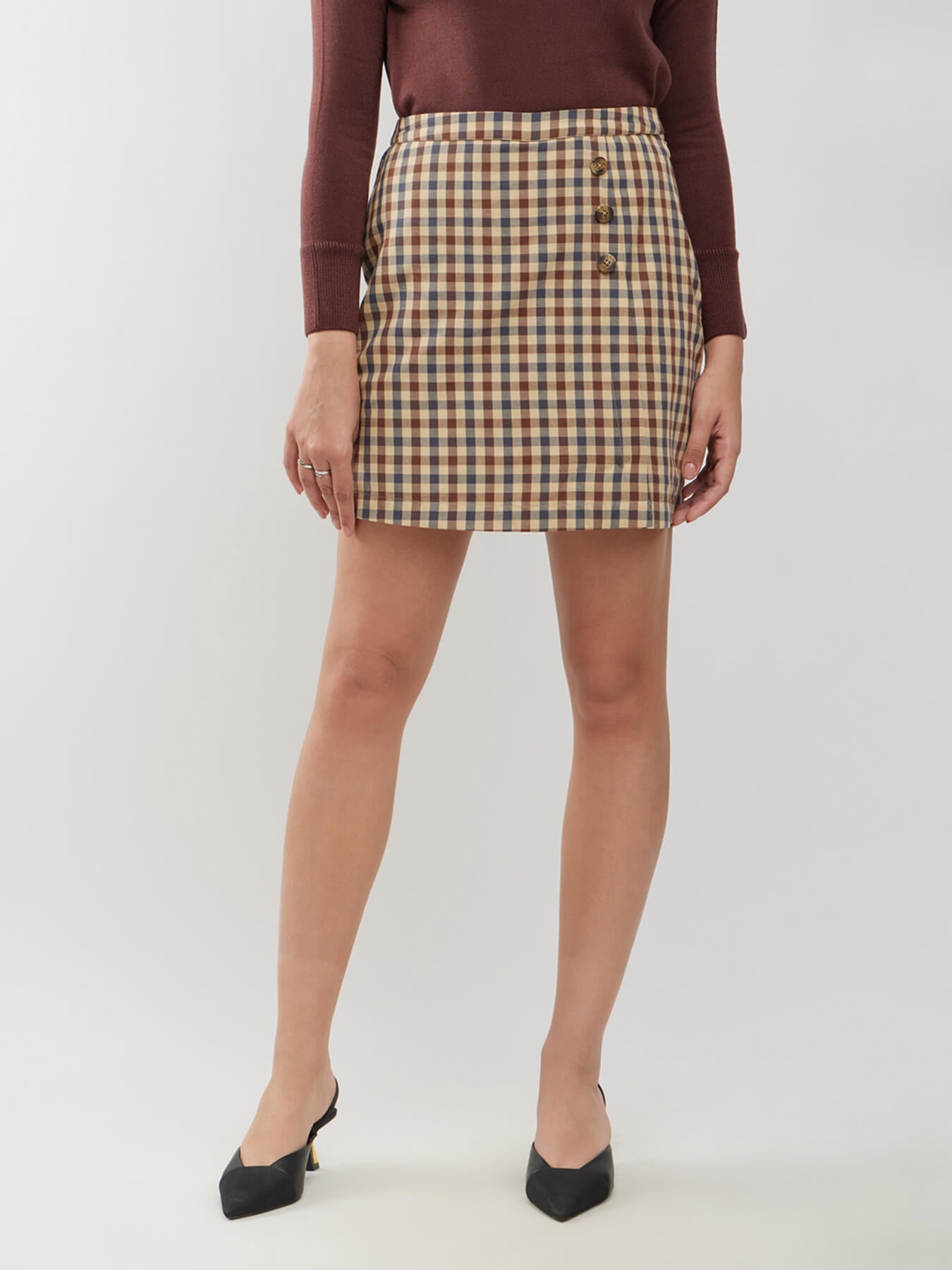 Cotton Checkered Mini Skort - Brown