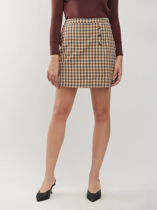 Cotton Checkered Mini Skort - Brown
