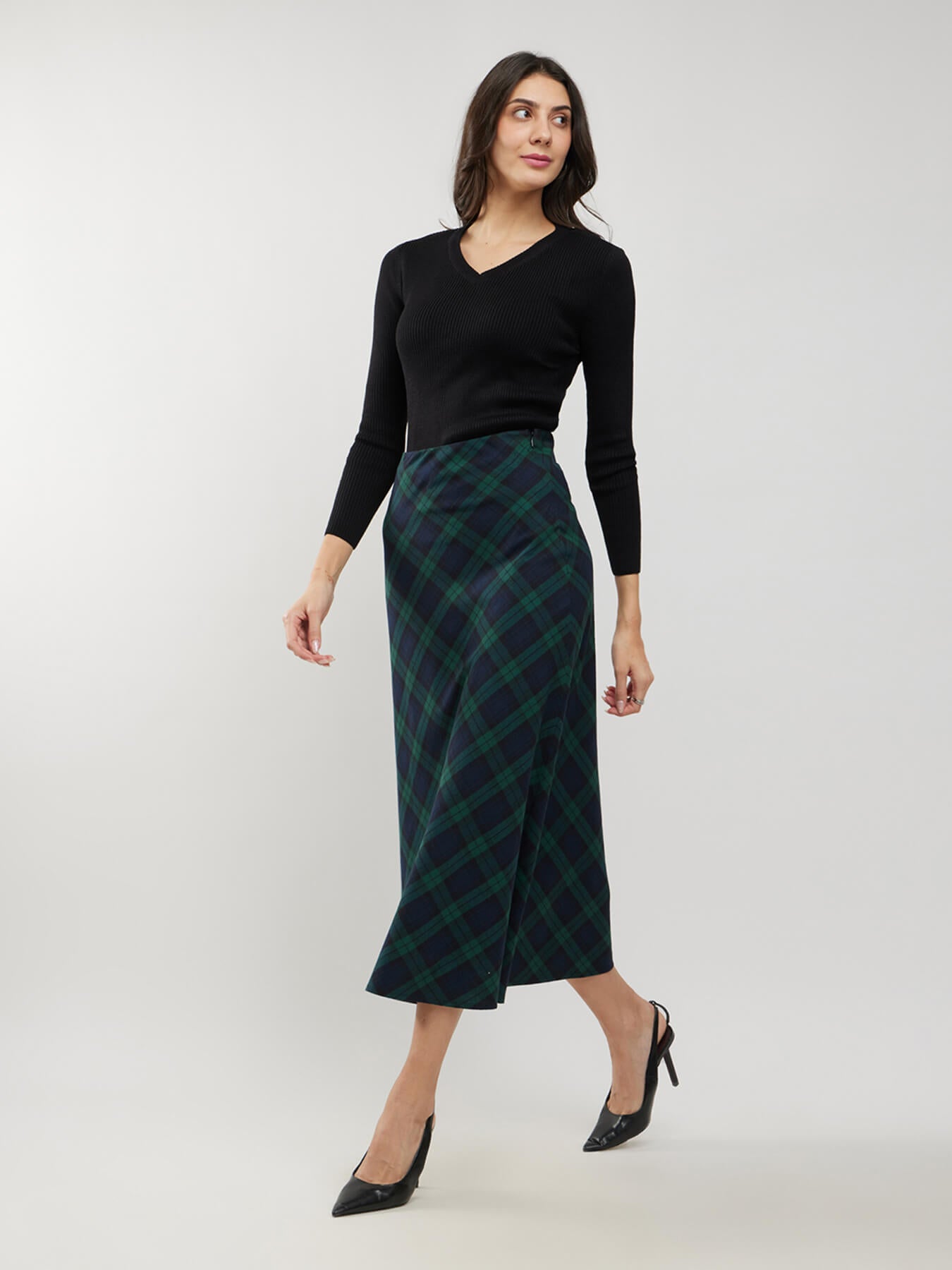 Cotton Checkered A-line Skirt - Green And Black