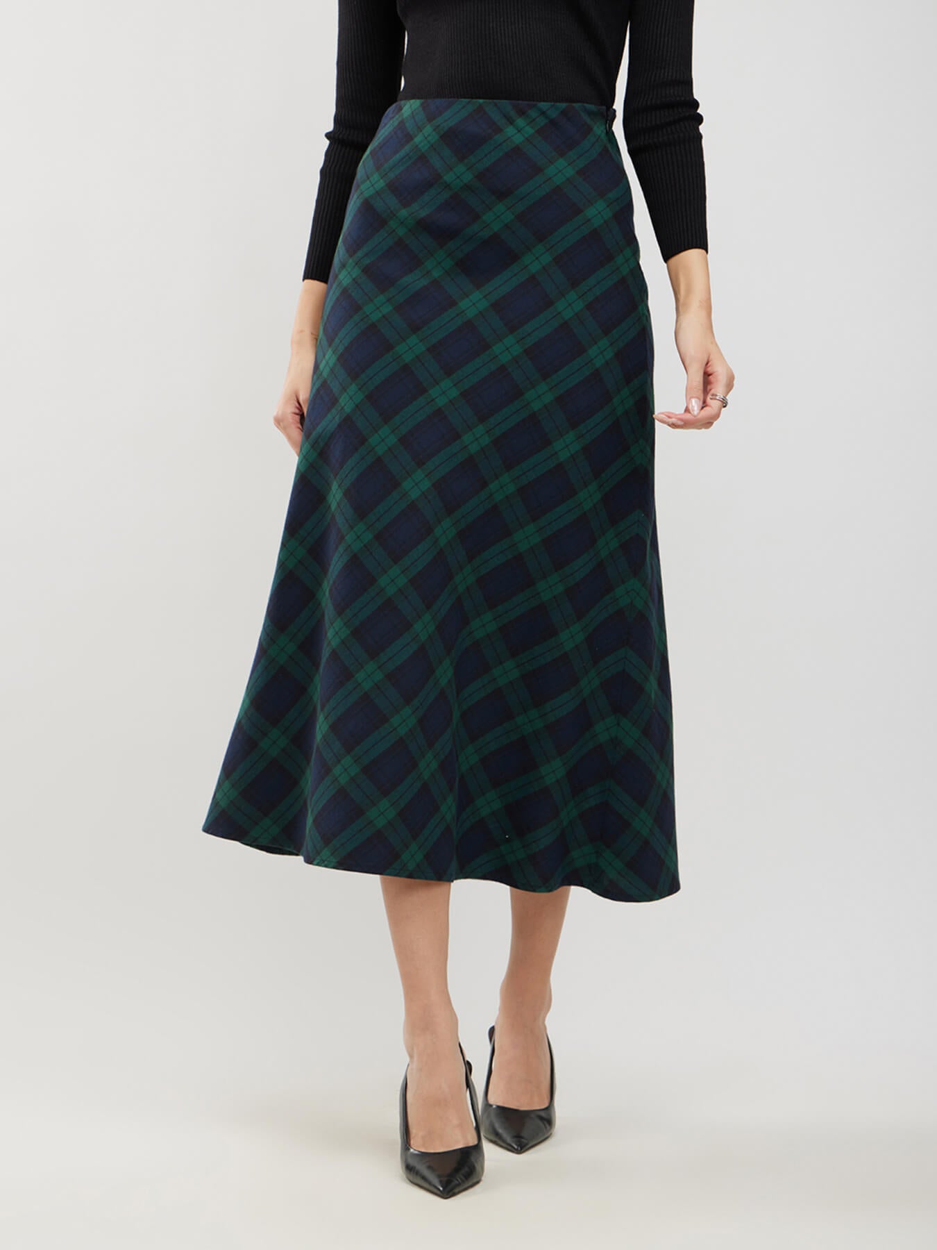 Cotton Checkered A-line Skirt - Green And Black