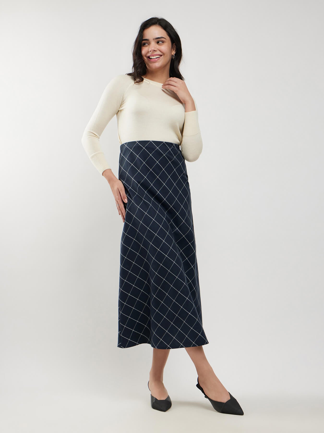 Cotton Checkered A-line Skirt - Navy And White