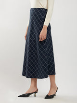 Cotton Checkered A-line Skirt - Navy And White