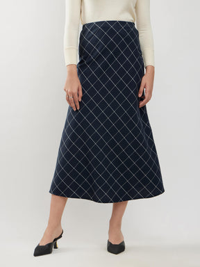 Cotton Checkered A-line Skirt - Navy And White