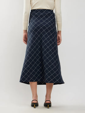 Cotton Checkered A-line Skirt - Navy And White