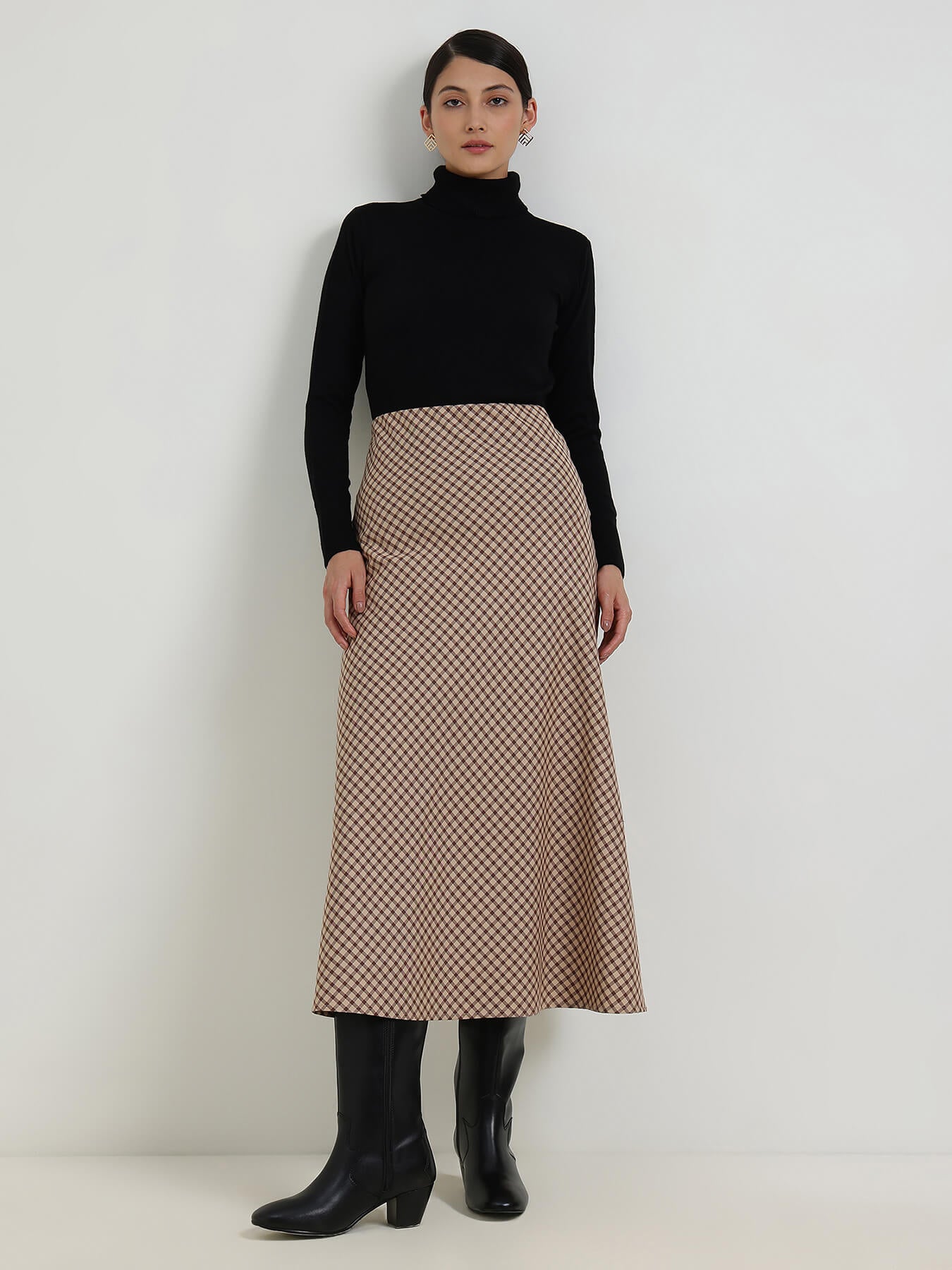 Cotton Gingham A-Line Skirt - Brown