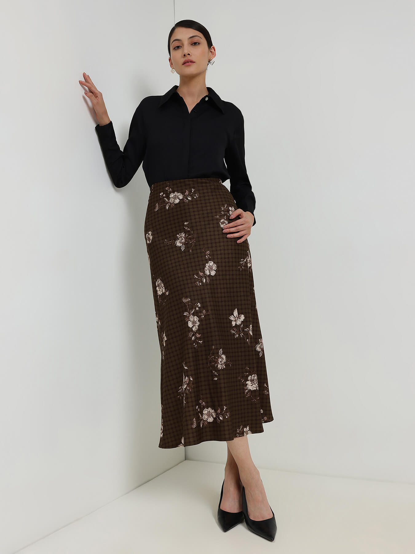 Floral Gingham A-Line Skirt - Brown