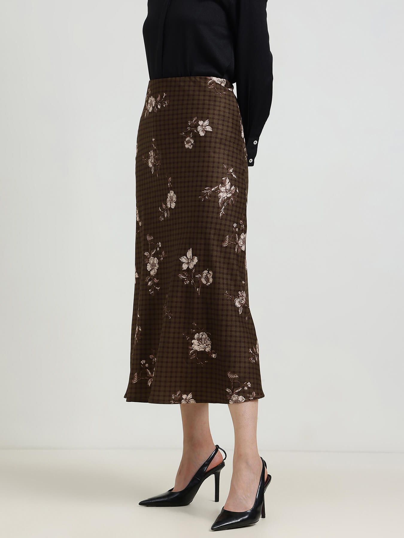 Floral Gingham A-Line Skirt - Brown
