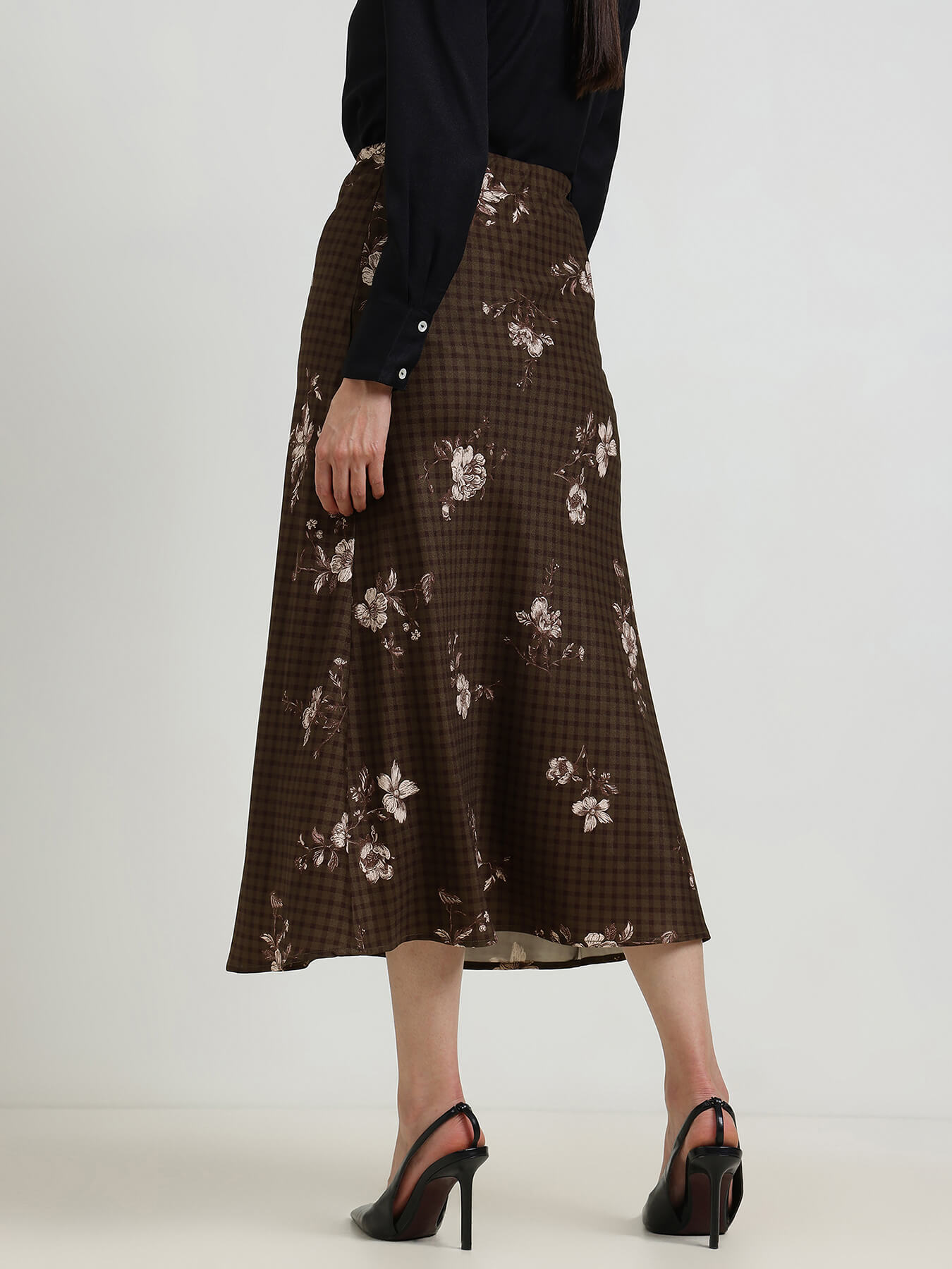 Floral Gingham A-Line Skirt - Brown