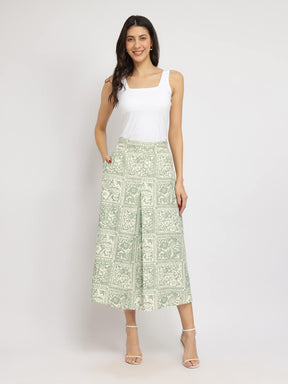 Linen Blend Pleated Skirt - Green